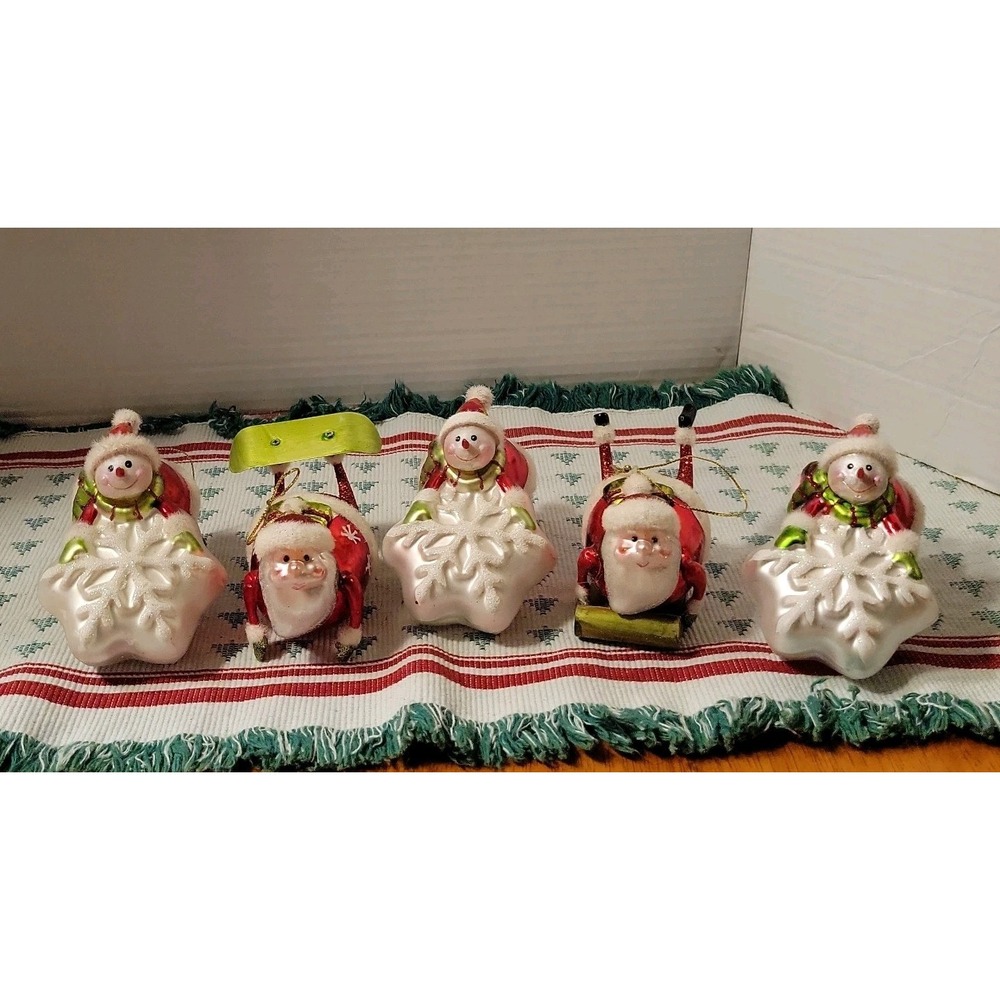 Lot 5 Christmas Ornaments 3 Glass Snowman on Snowflake  and 2 Glass Santa's